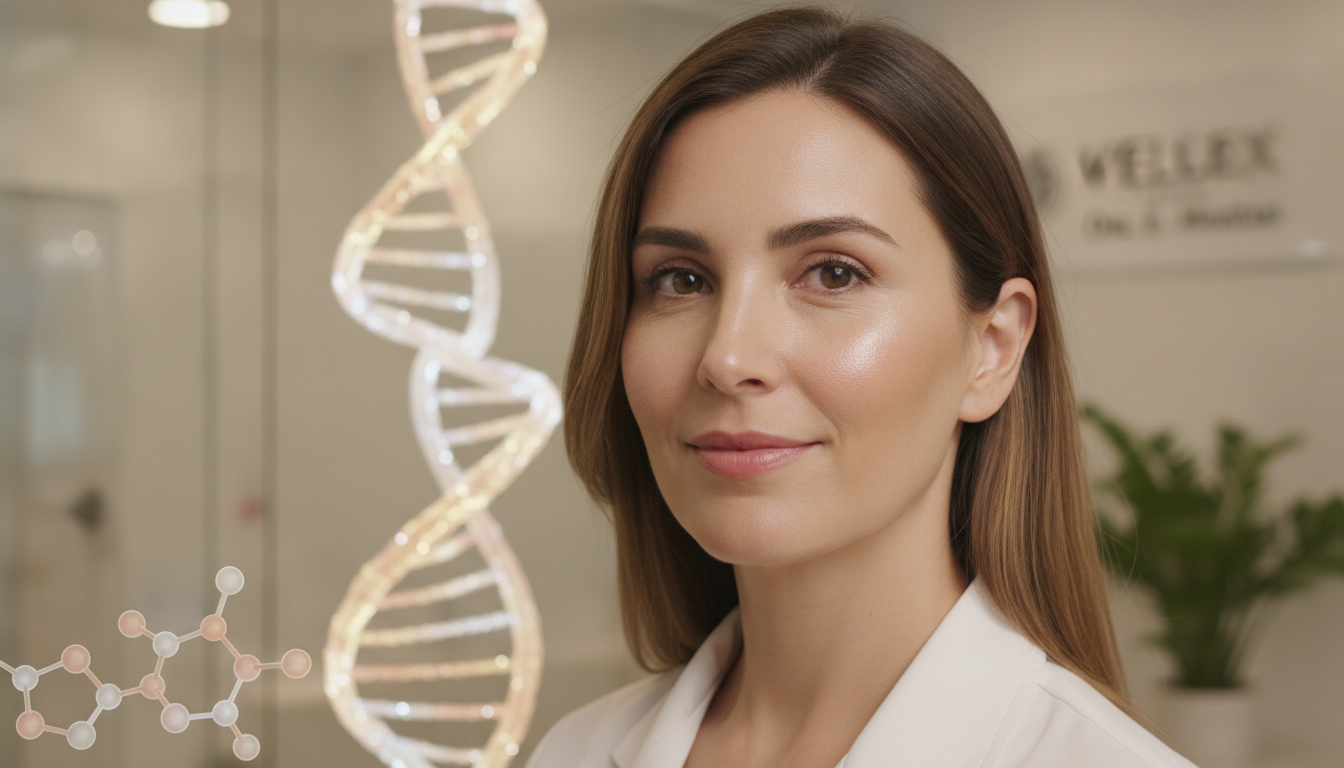 Create a stunning, professional hero image for a blog post titled "Bioestimulación Facial en CDMX: El Secreto para Regenerar tu Propio Colágeno". Context: Eres el blog oficial de Vellex — clínica de estética avanzada en Ciudad de México. Nuestro slogan es "Perfección para todos". Estamos respaldados por EvolLaser y bajo supervisión de la Dra. Estephani Montiel H. (Cédula Prof. 08786195, UNAM). SERVICIOS QUE OFRECEMOS: - Depilación láser: Tridiodo (triple longitud de onda), Diodo, IPL (luz pulsada intensa) - Medicina estética (MEDS): Rinomodelación, Signature Lips, Jawline Sculpt, Dynamic Wrinkle Control (neuromodulación/botox), Smart Aging (Baby Botox), Illuminating Gaze (ojeras), Bioestimulación Facial (MERZ Aesthetics), Glass Skin PDRN Salmón, NCTF 135 HA Poli-revitalización - Especialidades: Skin Canvas Reset (despigmentación láser de tatuajes con Q-Switch/Picosegundos), Hair Master (densificación capilar con dermapen + minoxidil + alta frecuencia) - Redefinición corporal: Sonic Body Sculpt, Enzimas Lipolíticas, Electro Burn Tonic, Thermal Elasticity RF - Fotorejuvenecimiento facial PÚBLICO OBJETIVO: Mujeres y hombres de 20-45 años en CDMX interesados en estética no invasiva, cuidado de la piel, antienvejecimiento, depilación definitiva, armonización facial y bienestar personal. Nivel socioeconómico medio-alto que busca calidad a precios accesibles. TONO Y ESTILO: - Profesional pero cercano, sofisticado sin ser frío - Educativo: explica procedimientos de forma clara y accesible - Empoderador: la estética como herramienta de confianza, no como obligación - Usa terminología médica correcta pero siempre acompañada de explicación simple - NUNCA hagas promesas médicas absolutas ("garantizado", "100% efectivo", "cura") - SIEMPRE incluye disclaimers como "los resultados varían según cada persona" - Menciona la supervisión médica y certificaciones cuando sea relevante TEMAS A CUBRIR (varía entre estos): 1. Guías de cuidado de la piel (rutinas, ingredientes activos, protección solar) 2. Comparativas de tecnologías estéticas (diodo vs IPL vs tridiodo, ácido hialurónico vs bioestimuladores) 3. Mitos y verdades sobre tratamientos estéticos 4. Tendencias en medicina estética (Glass Skin, Baby Botox, PDRN) 5. Preparación y cuidados post-tratamiento 6. Bienestar integral: alimentación, hidratación y estética 7. Preguntas frecuentes sobre depilación láser 8. Armonización facial: qué es, cómo funciona, qué esperar 9. Cuidado capilar: caída del cabello, tratamientos regenerativos 10. Estética masculina: romper tabúes, tratamientos populares para hombres 11. Novedades y avances en dermatología estética 12. Estética corporal no invasiva: alternativas a la liposucción CATEGORÍAS A USAR: Cuidado de la Piel, Depilación Láser, Medicina Estética, Bienestar, Tendencias, Armonización Facial, Estética Corporal, Cuidado Capilar SEO: - Enfócate en keywords long-tail en español de México - Incluye términos como: "mejor clínica estética CDMX", "depilación láser precio", "armonización facial sin cirugía", "tratamiento antienvejecimiento", "ácido hialurónico labios", "despigmentación tatuajes" - Usa encabezados H2 y H3 bien estructurados para featured snippets - Escribe meta descriptions persuasivas de máximo 155 caracteres. The image should be eye-catching, modern, and relevant to the topic. Use vibrant colors and professional composition. Photorealistic style.