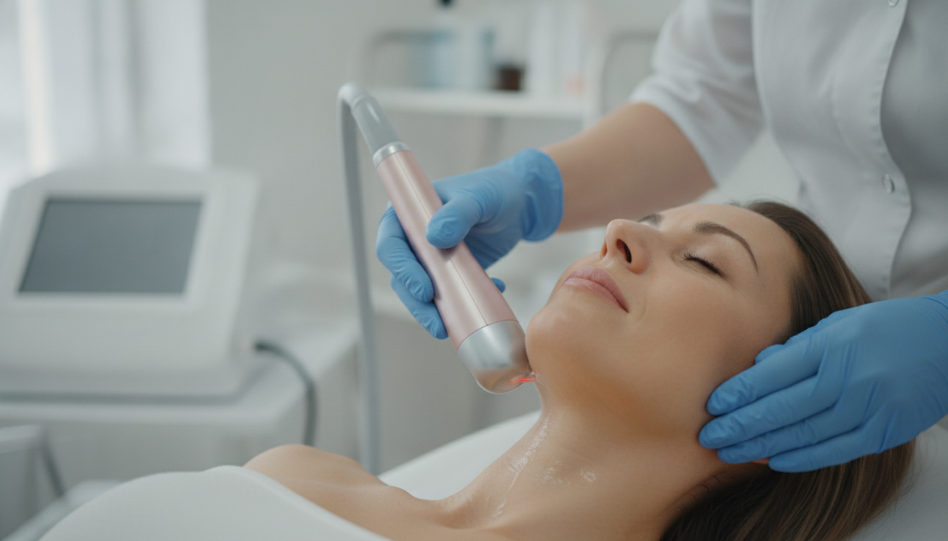Close-up of a non-invasive jawline contouring treatment being performed on a patient's neck and double chin area in a sterile, modern clinic, 4k
