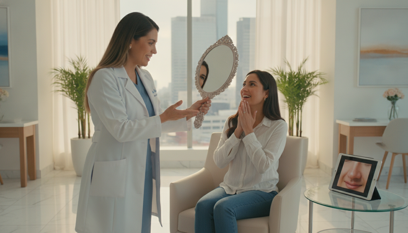 A professional female doctor in a white lab coat showing a patient her new nose profile in a mirror, bright modern aesthetic clinic interior in Mexico City, warm and welcoming atmosphere