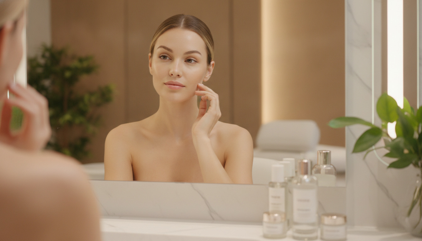 A beautiful, glowing woman with perfect, clear skin looking at her reflection in a mirror, showing a luminous and even skin tone. Soft natural light, luxury skincare clinic atmosphere.
