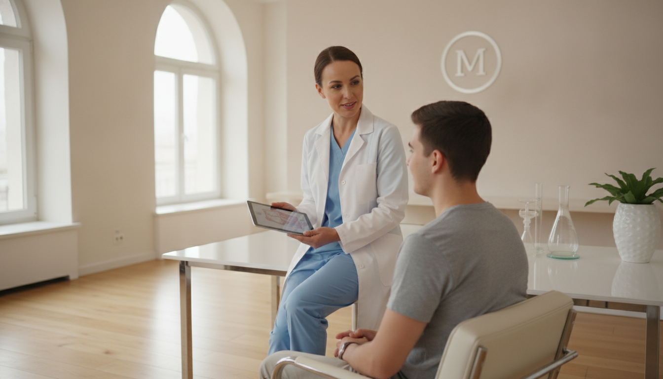 A professional female doctor with clinical authority consulting a young male patient in a sleek, minimalist aesthetic clinic. Trustworthy, clean, and high-end medical environment.