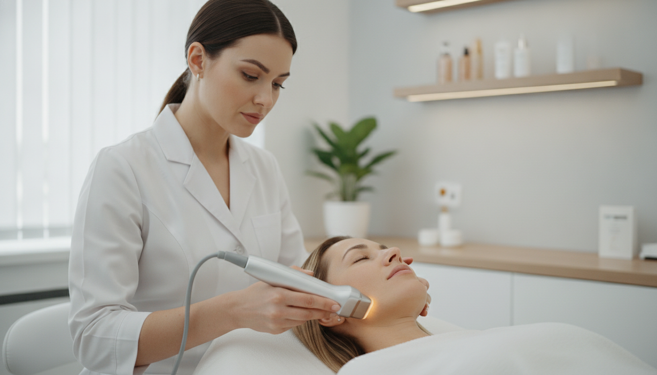 A professional medical practitioner in a clean, modern aesthetic clinic applying a non-invasive facial treatment to a patient's jawline with precision