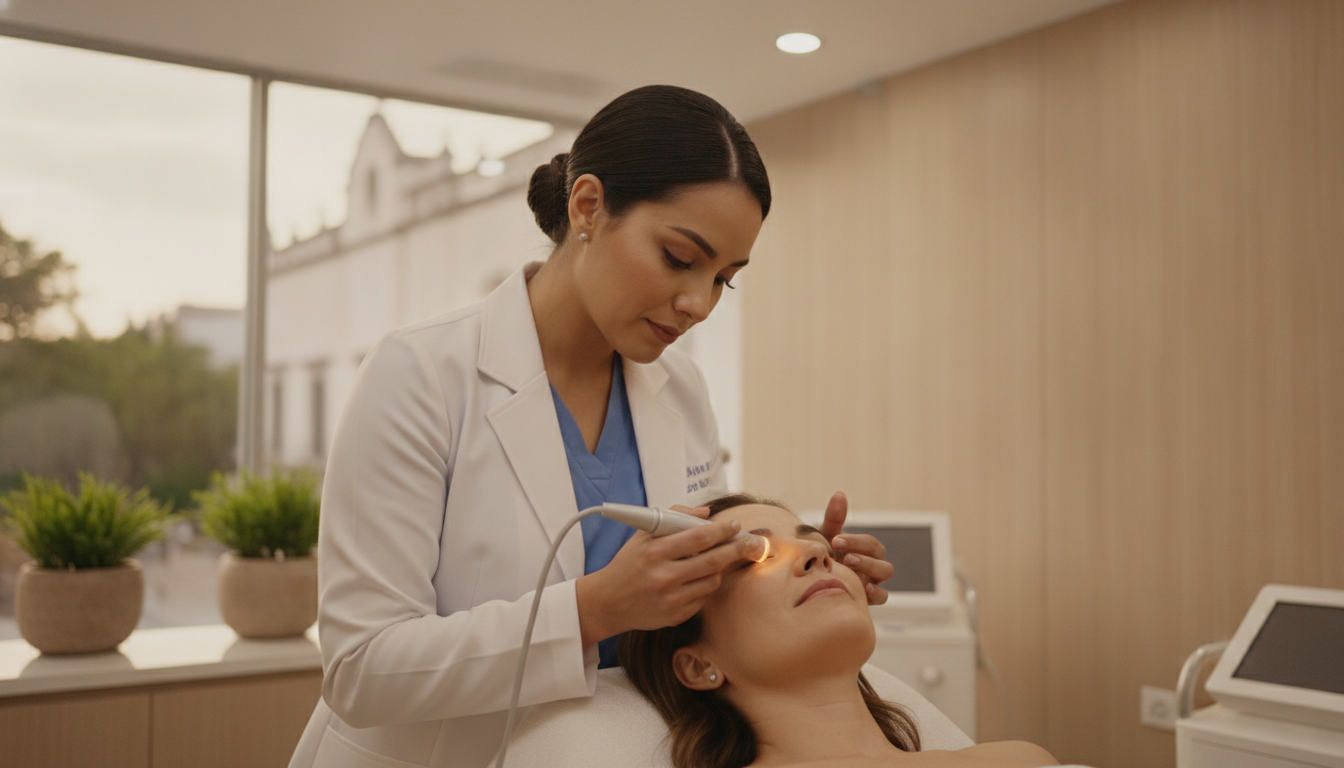 A professional female doctor in a white coat gently examining the under-eye area of a patient using a specialized aesthetic tool, clean modern medical spa in Mexico City, warm and trustworthy atmosphere