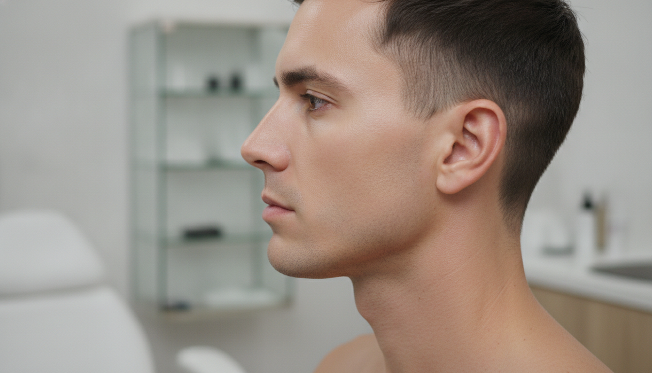 Close-up of a man's sharp, well-defined jawline and clean skin, side profile, highlighting natural and masculine aesthetic results in a clean, minimalist clinic setting.