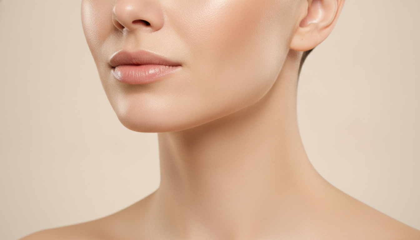 Close-up of a woman's firm and glowing facial skin, highlighting her defined jawline and smooth neck, showcasing the natural lifting results of radiofrequency treatment. Soft, warm studio lighting, professional and clean aesthetic.