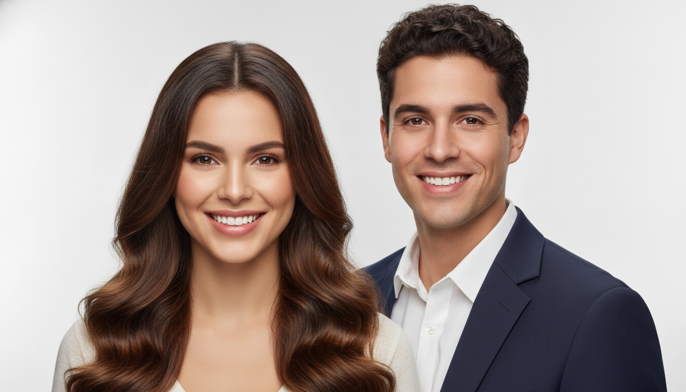 A confident young Hispanic man and woman with thick, healthy, and shiny hair, smiling, looking at the camera, clean minimalist background, professional portrait photography