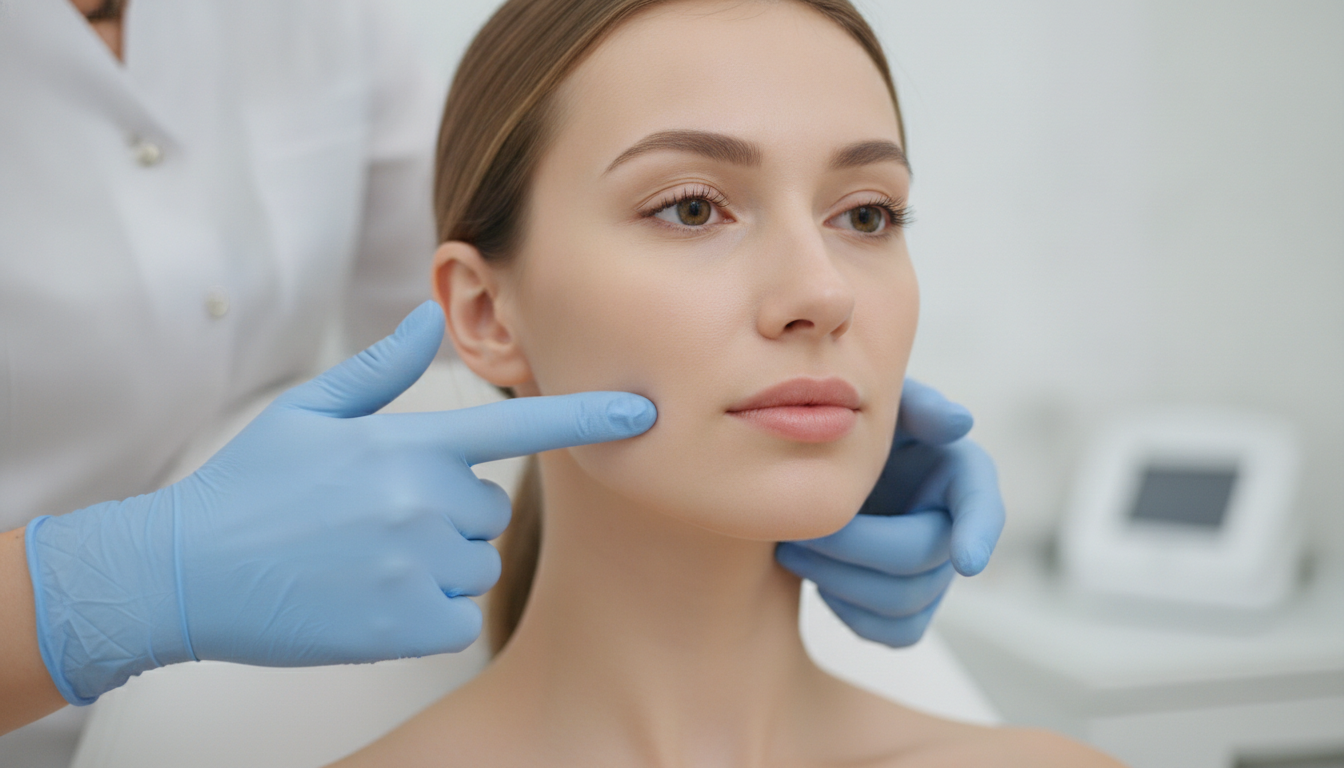 Close up of a dermatologist's gloved hands pointing gently to a woman's jawline and cheek, illustrating facial vectors and lifting points, clean modern aesthetic clinic setting