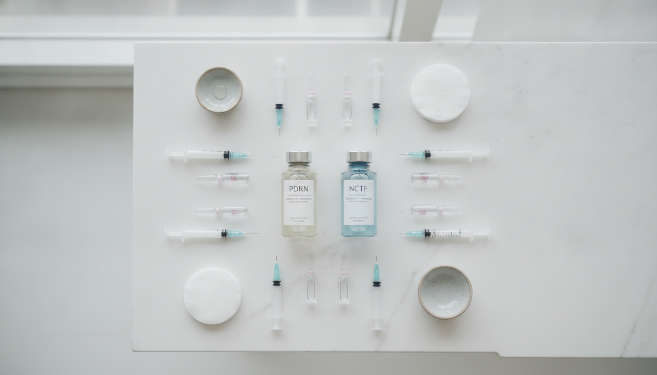 A flat lay of professional aesthetic medicine products, including sterile glass vials labeled PDRN and NCTF, a clean medical setting, minimalist design with soft pastel colors, clinical and premium feel.