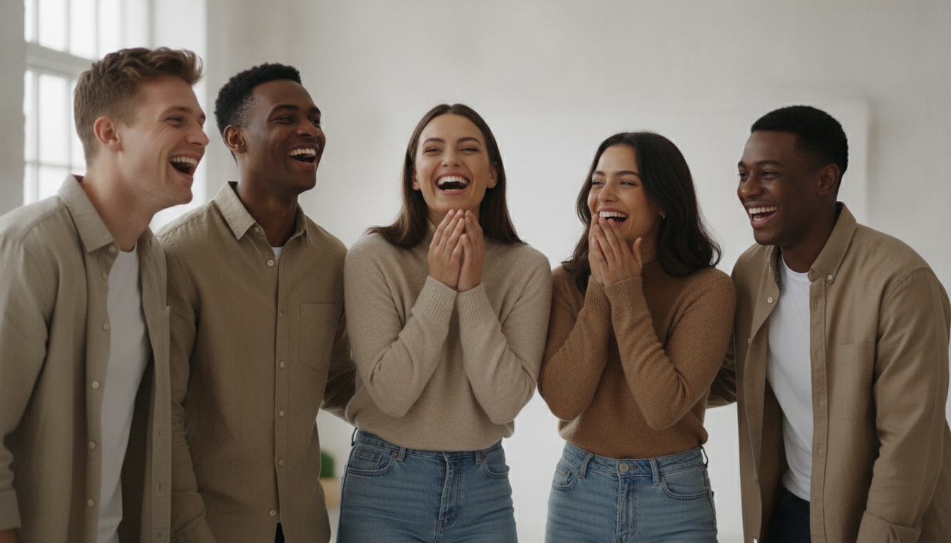 A diverse group of young adults with different skin tones (light brown, deep brown, tanned skin) laughing together, showing smooth, healthy skin, lifestyle shot, bright and airy aesthetic, minimalist background.