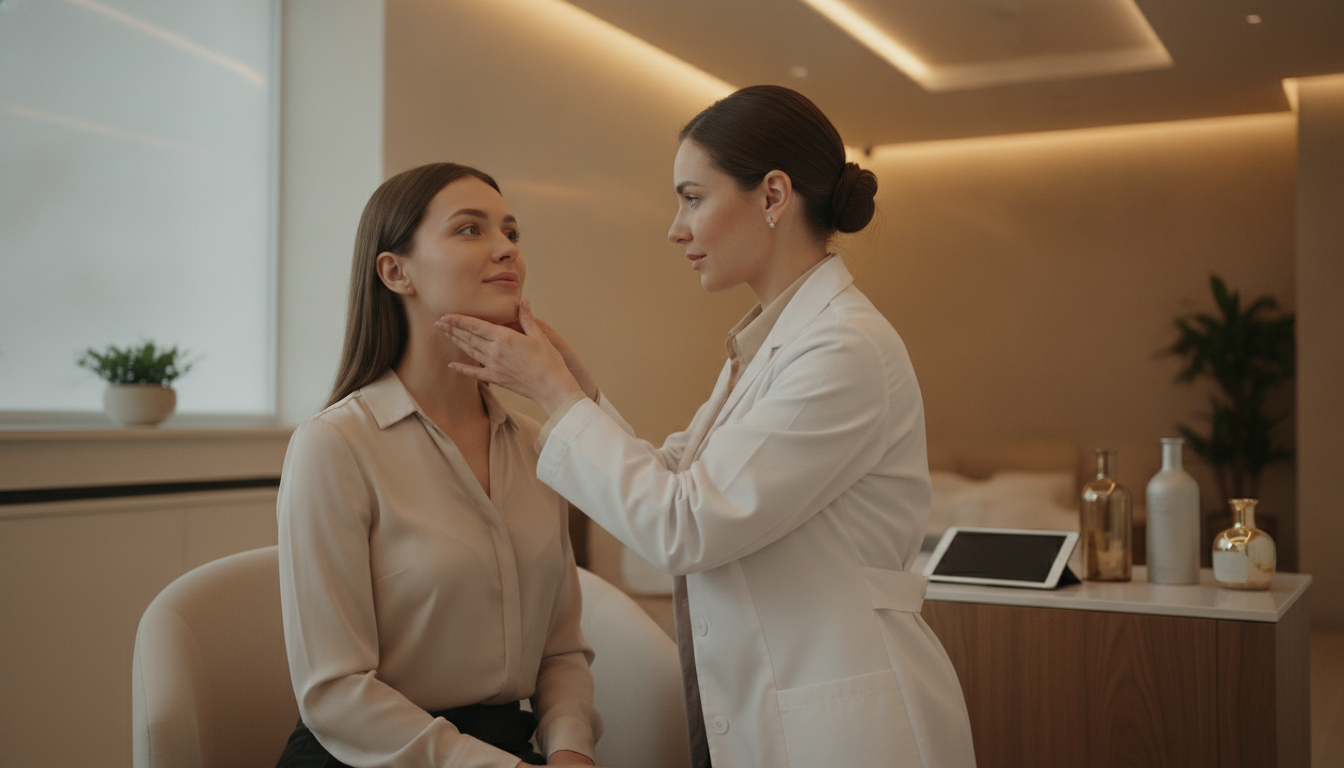 A professional female doctor in a white coat gently examining a patient's jawline and lips in a high-end medical spa aesthetic clinic, warm and sophisticated atmosphere, cinematic lighting.