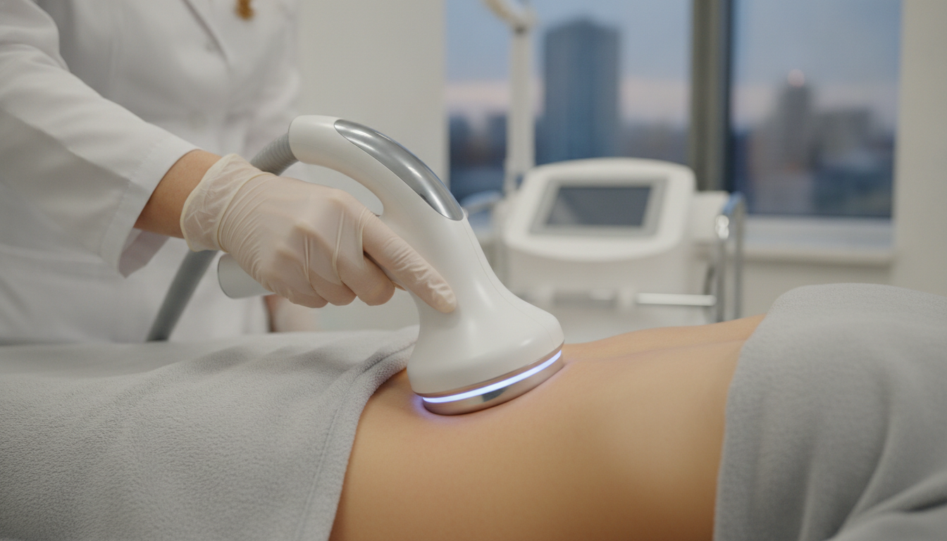 A close-up of a professional practitioner performing a non-invasive body contouring treatment on a client's abdominal area using a state-of-the-art radiofrequency device.