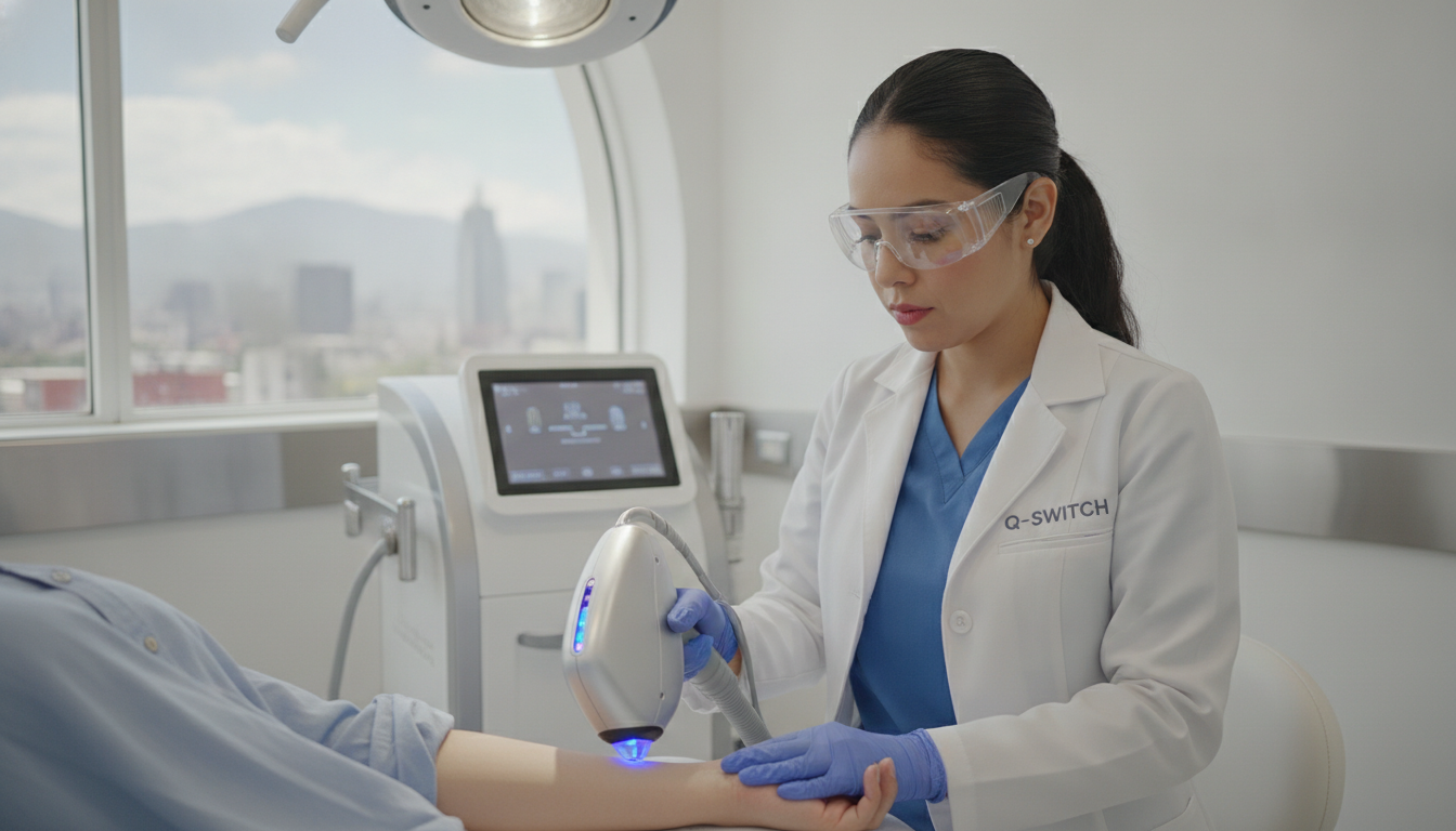 A dermatologist in a white coat and protective glasses operating a high-tech Q-Switch laser device in a clean, state-of-the-art clinic in Mexico City