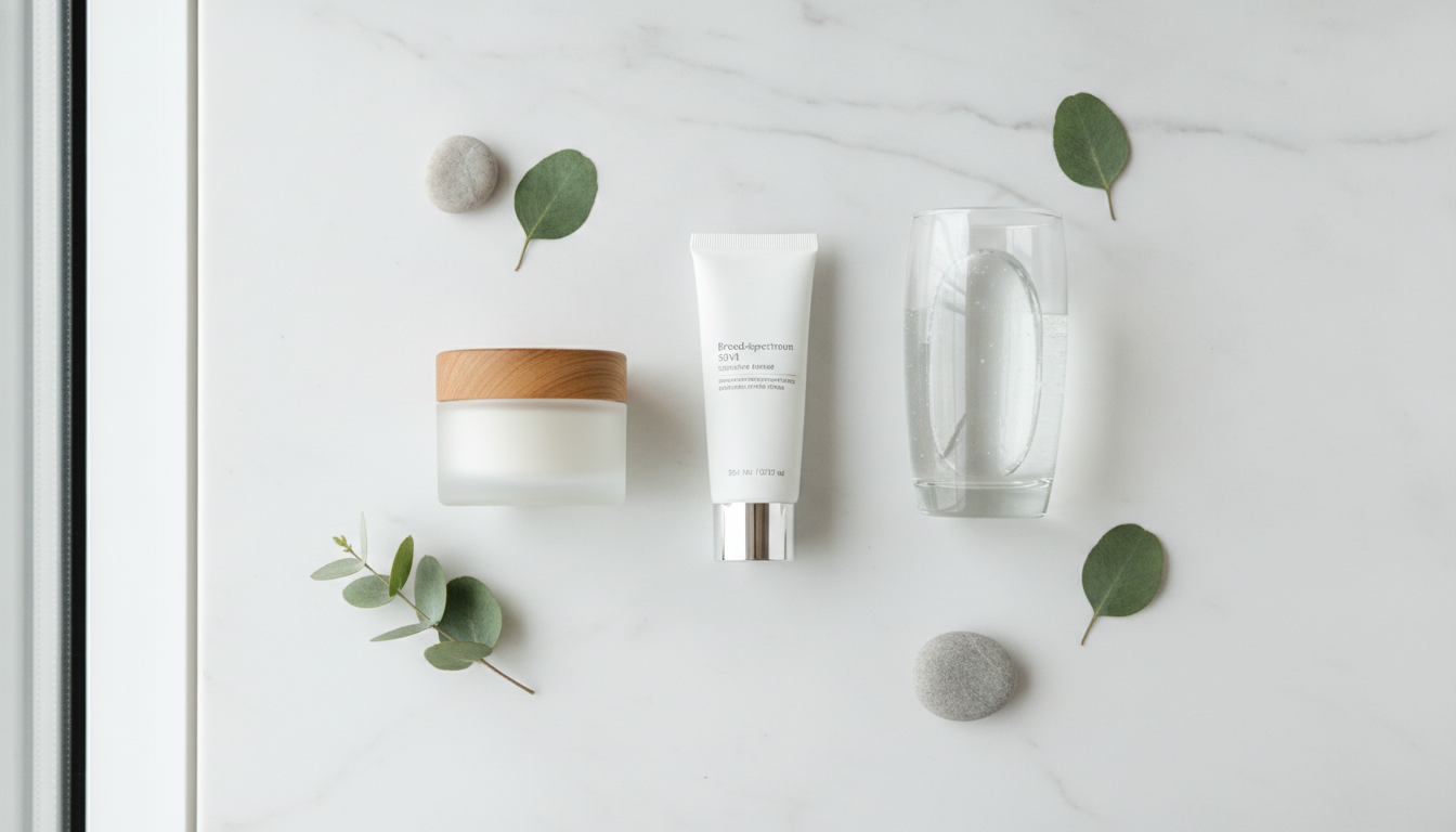 Flat lay of post-treatment skincare products, including sunscreen, soothing cream, and a glass of water on a clean aesthetic background