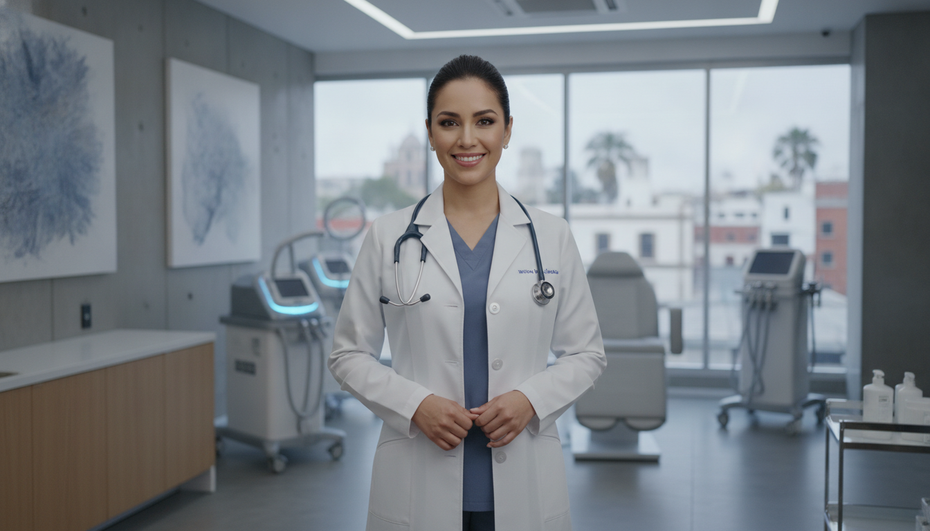 A professional female doctor in a white lab coat with a stethoscope, smiling warmly in a modern aesthetic clinic in Mexico City, high-tech beauty equipment in the blurred background, professional and reassuring atmosphere.