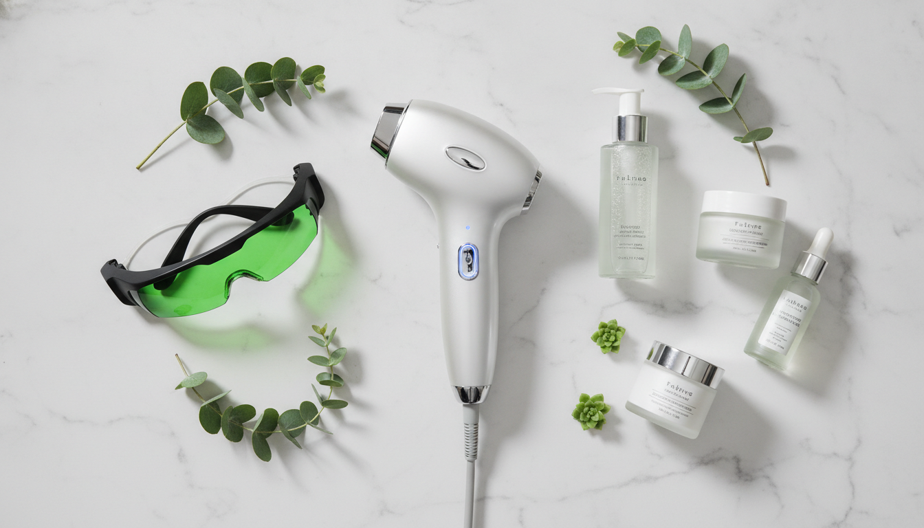 An infographic-style flat lay of skincare products, protective laser safety eyewear, and a modern handheld laser device on a clean white marble background with green botanical accents.