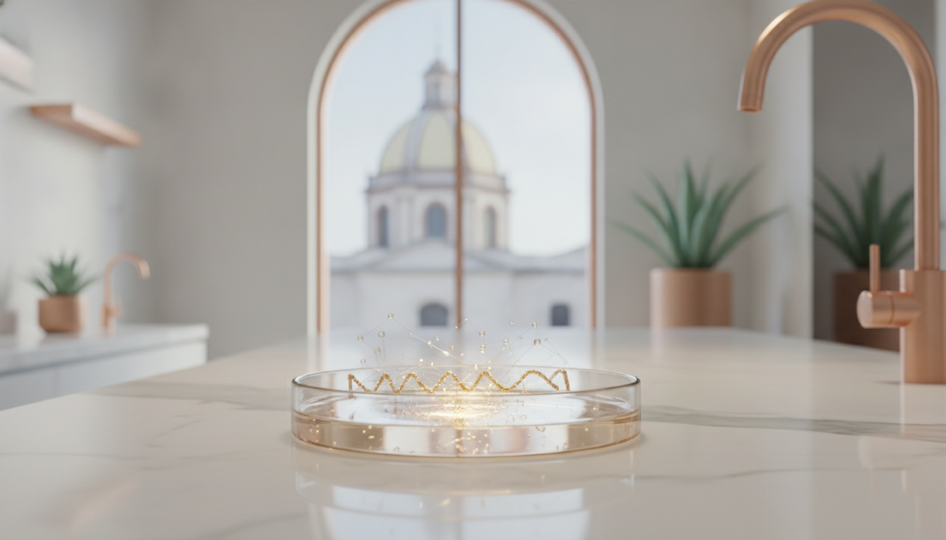 A clean, minimal product shot of bioestimulation ingredients or a conceptual representation of collagen synthesis in a modern, luxury medical spa in Mexico City