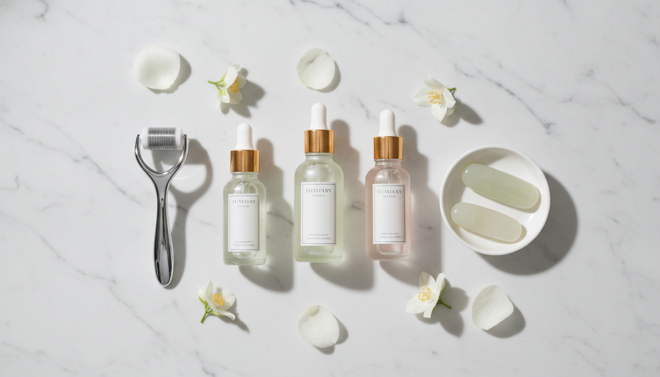 A beautiful flat lay of high-end skincare serums, delicate white flowers, and sterile aesthetic cosmetic tools on a clean white marble background.