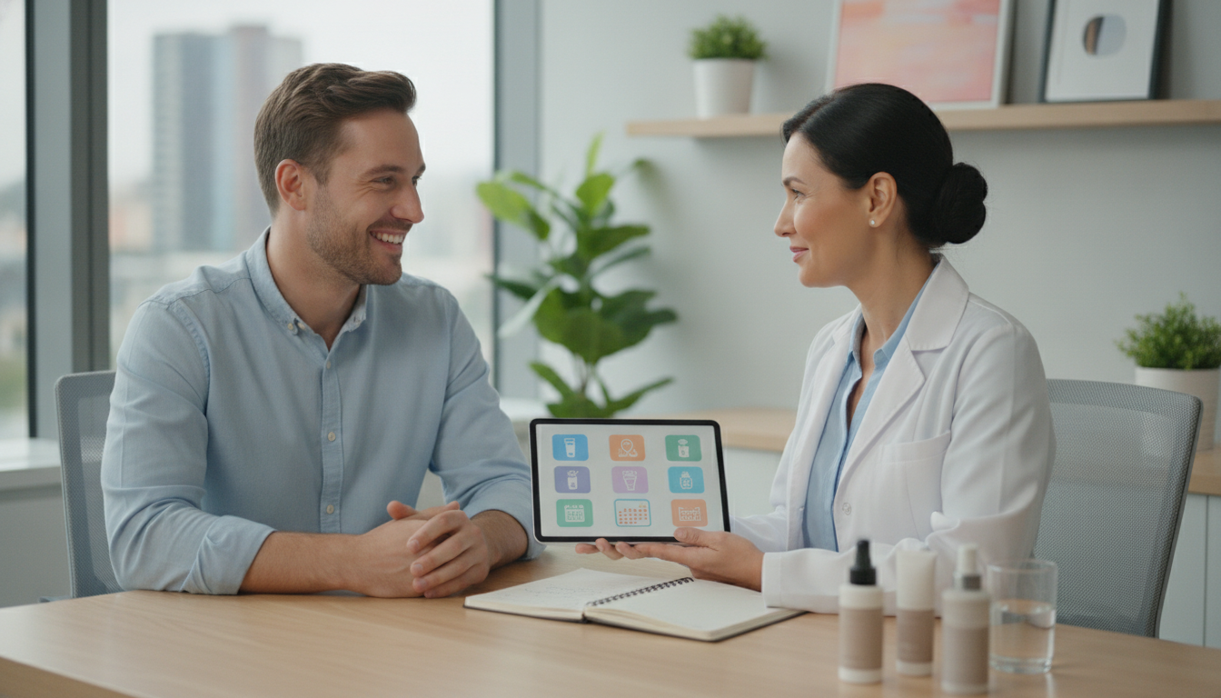 A male patient smiling confidently while talking to a professional female doctor in a white coat, discussing a personalized skincare and treatment routine in a bright, modern medical office.