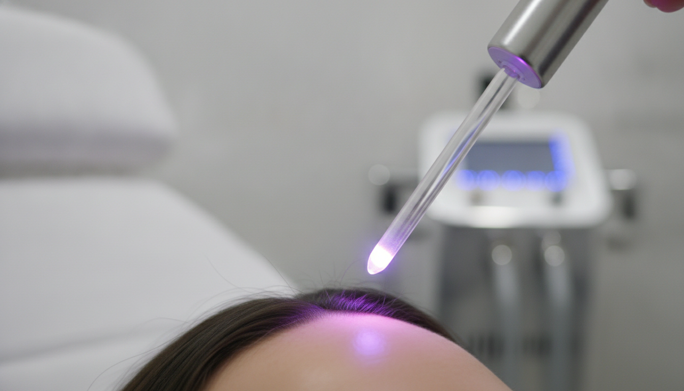 A close-up of high-frequency capillary wand glowing with a soft purple light over a patient's clean scalp, highlighting the modern technology and cleanliness of the aesthetic clinic
