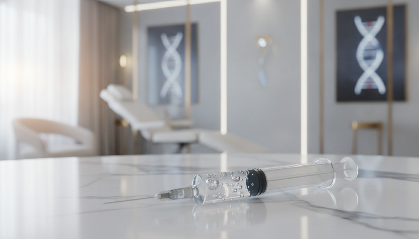 Detailed shot of a syringe with hyaluronic acid gel, with a soft-focus background of a luxurious aesthetic clinic, highlighting hydration, purity, and scientific advancement