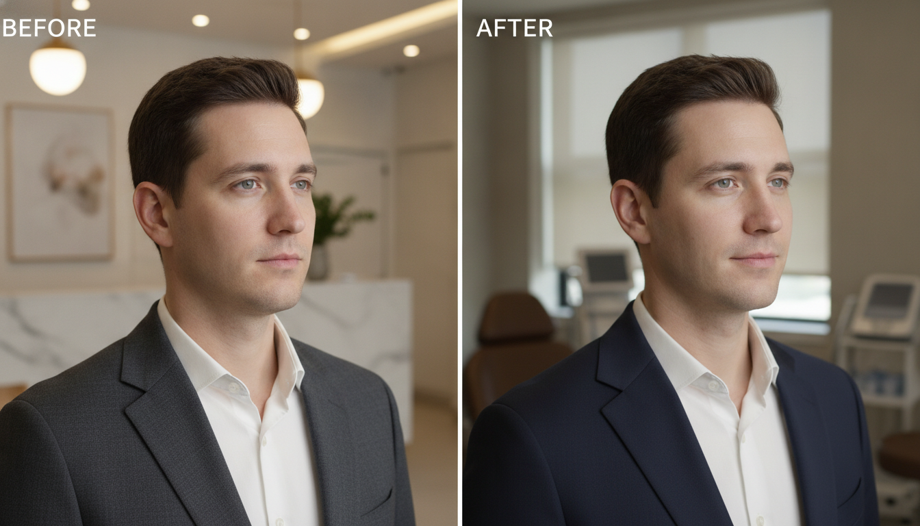 Before and after concept of jawline definition, focusing on a sharp, elegant facial profile of a male model in a sophisticated aesthetic clinic setting
