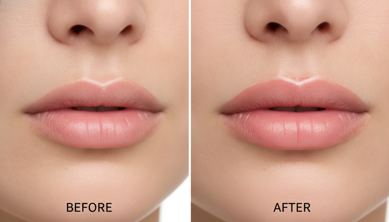 Before and after comparison of subtle lip enhancement using hyaluronic acid. The lips look natural, defined, and hydrated. High detail, soft skin texture, scientific and aesthetic presentation.