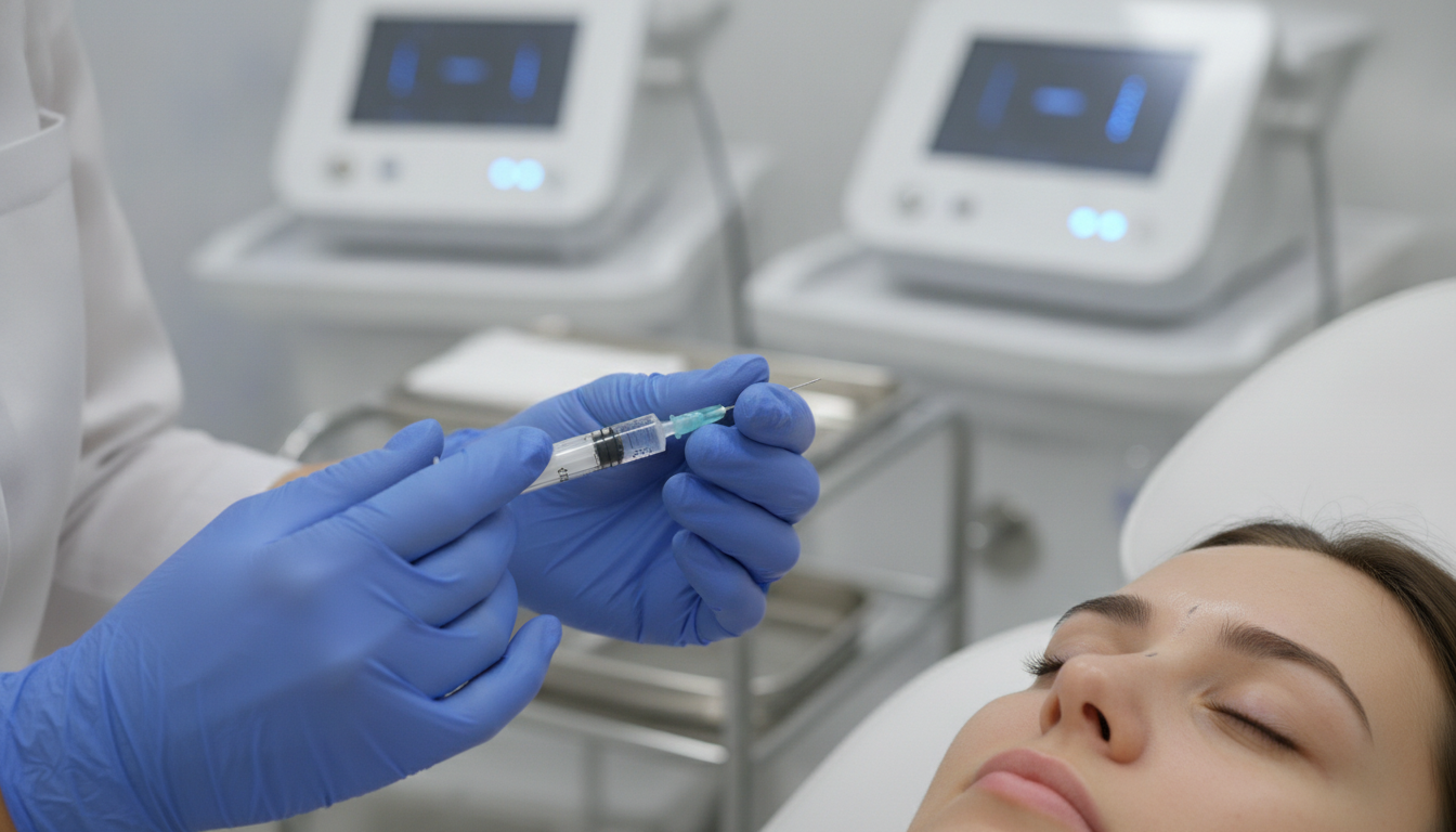 Close-up of a medical professional's gloved hands holding a syringe with hyaluronic acid, precisely pointing near a patient's nose bridge, clean clinical background, high-end medical equipment