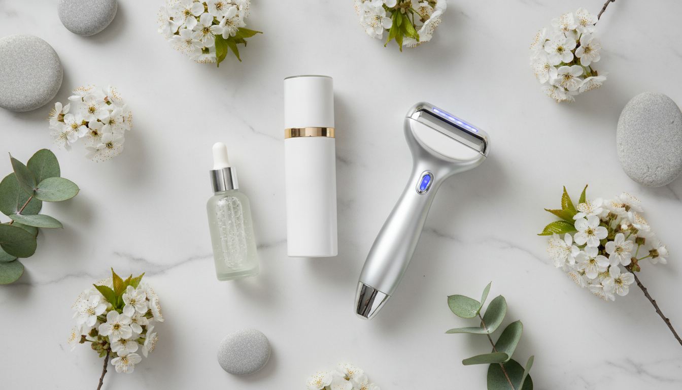 A flat lay of luxury skincare products, including sunscreen, hydrating serum, and a modern medical aesthetic device handle, surrounded by delicate white flowers, conveying a clean and professional medical spa vibe.