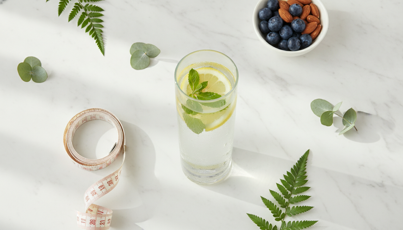 A clean, elegant flat lay of healthy lifestyle elements on a white marble surface, including a glass of water with lemon, a soft measuring tape, and delicate green leaves, symbolizing wellness.