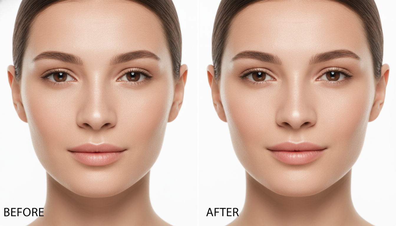 Before and after style visual concept showing subtle and natural enhancements of lips and nose contouring, elegant composition, medical-grade clean look.