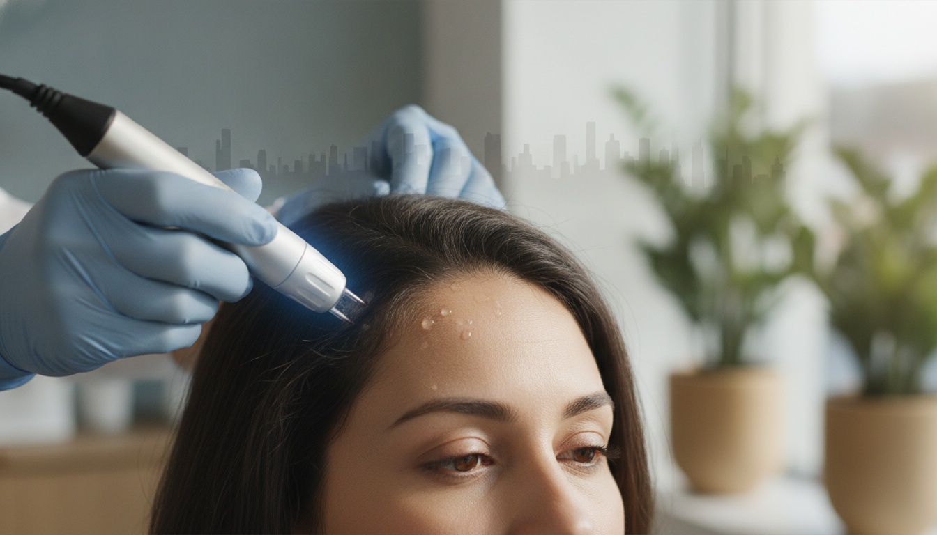Create a stunning, professional hero image for a blog post titled "Densificación Capilar en CDMX: Recupera la Fuerza de tu Cabello con Hair Master". Context: Eres el blog oficial de Vellex — clínica de estética avanzada en Ciudad de México. Nuestro slogan es "Perfección para todos". Estamos respaldados por EvolLaser y bajo supervisión de la Dra. Estephani Montiel H. (Cédula Prof. 08786195, UNAM). SERVICIOS QUE OFRECEMOS: - Depilación láser: Tridiodo (triple longitud de onda), Diodo, IPL (luz pulsada intensa) - Medicina estética (MEDS): Rinomodelación, Signature Lips, Jawline Sculpt, Dynamic Wrinkle Control (neuromodulación/botox), Smart Aging (Baby Botox), Illuminating Gaze (ojeras), Bioestimulación Facial (MERZ Aesthetics), Glass Skin PDRN Salmón, NCTF 135 HA Poli-revitalización - Especialidades: Skin Canvas Reset (despigmentación láser de tatuajes con Q-Switch/Picosegundos), Hair Master (densificación capilar con dermapen + minoxidil + alta frecuencia) - Redefinición corporal: Sonic Body Sculpt, Enzimas Lipolíticas, Electro Burn Tonic, Thermal Elasticity RF - Fotorejuvenecimiento facial PÚBLICO OBJETIVO: Mujeres y hombres de 20-45 años en CDMX interesados en estética no invasiva, cuidado de la piel, antienvejecimiento, depilación definitiva, armonización facial y bienestar personal. Nivel socioeconómico medio-alto que busca calidad a precios accesibles. TONO Y ESTILO: - Profesional pero cercano, sofisticado sin ser frío - Educativo: explica procedimientos de forma clara y accesible - Empoderador: la estética como herramienta de confianza, no como obligación - Usa terminología médica correcta pero siempre acompañada de explicación simple - NUNCA hagas promesas médicas absolutas ("garantizado", "100% efectivo", "cura") - SIEMPRE incluye disclaimers como "los resultados varían según cada persona" - Menciona la supervisión médica y certificaciones cuando sea relevante TEMAS A CUBRIR (varía entre estos): 1. Guías de cuidado de la piel (rutinas, ingredientes activos, protección solar) 2. Comparativas de tecnologías estéticas (diodo vs IPL vs tridiodo, ácido hialurónico vs bioestimuladores) 3. Mitos y verdades sobre tratamientos estéticos 4. Tendencias en medicina estética (Glass Skin, Baby Botox, PDRN) 5. Preparación y cuidados post-tratamiento 6. Bienestar integral: alimentación, hidratación y estética 7. Preguntas frecuentes sobre depilación láser 8. Armonización facial: qué es, cómo funciona, qué esperar 9. Cuidado capilar: caída del cabello, tratamientos regenerativos 10. Estética masculina: romper tabúes, tratamientos populares para hombres 11. Novedades y avances en dermatología estética 12. Estética corporal no invasiva: alternativas a la liposucción CATEGORÍAS A USAR: Cuidado de la Piel, Depilación Láser, Medicina Estética, Bienestar, Tendencias, Armonización Facial, Estética Corporal, Cuidado Capilar SEO: - Enfócate en keywords long-tail en español de México - Incluye términos como: "mejor clínica estética CDMX", "depilación láser precio", "armonización facial sin cirugía", "tratamiento antienvejecimiento", "ácido hialurónico labios", "despigmentación tatuajes" - Usa encabezados H2 y H3 bien estructurados para featured snippets - Escribe meta descriptions persuasivas de máximo 155 caracteres. The image should be eye-catching, modern, and relevant to the topic. Use vibrant colors and professional composition. Photorealistic style.