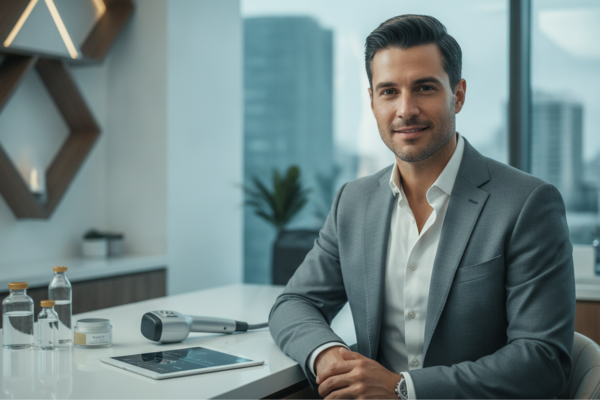Create a stunning, professional hero image for a blog post titled "Estética Masculina en CDMX: Los 5 Tratamientos Más Buscados por Hombres". Context: Eres el blog oficial de Vellex — clínica de estética avanzada en Ciudad de México. Nuestro slogan es "Perfección para todos". Estamos respaldados por EvolLaser y bajo supervisión de la Dra. Estephani Montiel H. (Cédula Prof. 08786195, UNAM). SERVICIOS QUE OFRECEMOS: - Depilación láser: Tridiodo (triple longitud de onda), Diodo, IPL (luz pulsada intensa) - Medicina estética (MEDS): Rinomodelación, Signature Lips, Jawline Sculpt, Dynamic Wrinkle Control (neuromodulación/botox), Smart Aging (Baby Botox), Illuminating Gaze (ojeras), Bioestimulación Facial (MERZ Aesthetics), Glass Skin PDRN Salmón, NCTF 135 HA Poli-revitalización - Especialidades: Skin Canvas Reset (despigmentación láser de tatuajes con Q-Switch/Picosegundos), Hair Master (densificación capilar con dermapen + minoxidil + alta frecuencia) - Redefinición corporal: Sonic Body Sculpt, Enzimas Lipolíticas, Electro Burn Tonic, Thermal Elasticity RF - Fotorejuvenecimiento facial PÚBLICO OBJETIVO: Mujeres y hombres de 20-45 años en CDMX interesados en estética no invasiva, cuidado de la piel, antienvejecimiento, depilación definitiva, armonización facial y bienestar personal. Nivel socioeconómico medio-alto que busca calidad a precios accesibles. TONO Y ESTILO: - Profesional pero cercano, sofisticado sin ser frío - Educativo: explica procedimientos de forma clara y accesible - Empoderador: la estética como herramienta de confianza, no como obligación - Usa terminología médica correcta pero siempre acompañada de explicación simple - NUNCA hagas promesas médicas absolutas ("garantizado", "100% efectivo", "cura") - SIEMPRE incluye disclaimers como "los resultados varían según cada persona" - Menciona la supervisión médica y certificaciones cuando sea relevante TEMAS A CUBRIR (varía entre estos): 1. Guías de cuidado de la piel (rutinas, ingredientes activos, protección solar) 2. Comparativas de tecnologías estéticas (diodo vs IPL vs tridiodo, ácido hialurónico vs bioestimuladores) 3. Mitos y verdades sobre tratamientos estéticos 4. Tendencias en medicina estética (Glass Skin, Baby Botox, PDRN) 5. Preparación y cuidados post-tratamiento 6. Bienestar integral: alimentación, hidratación y estética 7. Preguntas frecuentes sobre depilación láser 8. Armonización facial: qué es, cómo funciona, qué esperar 9. Cuidado capilar: caída del cabello, tratamientos regenerativos 10. Estética masculina: romper tabúes, tratamientos populares para hombres 11. Novedades y avances en dermatología estética 12. Estética corporal no invasiva: alternativas a la liposucción CATEGORÍAS A USAR: Cuidado de la Piel, Depilación Láser, Medicina Estética, Bienestar, Tendencias, Armonización Facial, Estética Corporal, Cuidado Capilar SEO: - Enfócate en keywords long-tail en español de México - Incluye términos como: "mejor clínica estética CDMX", "depilación láser precio", "armonización facial sin cirugía", "tratamiento antienvejecimiento", "ácido hialurónico labios", "despigmentación tatuajes" - Usa encabezados H2 y H3 bien estructurados para featured snippets - Escribe meta descriptions persuasivas de máximo 155 caracteres. The image should be eye-catching, modern, and relevant to the topic. Use vibrant colors and professional composition. Photorealistic style.