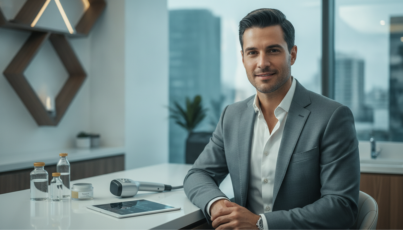 Create a stunning, professional hero image for a blog post titled "Estética Masculina en CDMX: Los 5 Tratamientos Más Buscados por Hombres". Context: Eres el blog oficial de Vellex — clínica de estética avanzada en Ciudad de México. Nuestro slogan es "Perfección para todos". Estamos respaldados por EvolLaser y bajo supervisión de la Dra. Estephani Montiel H. (Cédula Prof. 08786195, UNAM). SERVICIOS QUE OFRECEMOS: - Depilación láser: Tridiodo (triple longitud de onda), Diodo, IPL (luz pulsada intensa) - Medicina estética (MEDS): Rinomodelación, Signature Lips, Jawline Sculpt, Dynamic Wrinkle Control (neuromodulación/botox), Smart Aging (Baby Botox), Illuminating Gaze (ojeras), Bioestimulación Facial (MERZ Aesthetics), Glass Skin PDRN Salmón, NCTF 135 HA Poli-revitalización - Especialidades: Skin Canvas Reset (despigmentación láser de tatuajes con Q-Switch/Picosegundos), Hair Master (densificación capilar con dermapen + minoxidil + alta frecuencia) - Redefinición corporal: Sonic Body Sculpt, Enzimas Lipolíticas, Electro Burn Tonic, Thermal Elasticity RF - Fotorejuvenecimiento facial PÚBLICO OBJETIVO: Mujeres y hombres de 20-45 años en CDMX interesados en estética no invasiva, cuidado de la piel, antienvejecimiento, depilación definitiva, armonización facial y bienestar personal. Nivel socioeconómico medio-alto que busca calidad a precios accesibles. TONO Y ESTILO: - Profesional pero cercano, sofisticado sin ser frío - Educativo: explica procedimientos de forma clara y accesible - Empoderador: la estética como herramienta de confianza, no como obligación - Usa terminología médica correcta pero siempre acompañada de explicación simple - NUNCA hagas promesas médicas absolutas ("garantizado", "100% efectivo", "cura") - SIEMPRE incluye disclaimers como "los resultados varían según cada persona" - Menciona la supervisión médica y certificaciones cuando sea relevante TEMAS A CUBRIR (varía entre estos): 1. Guías de cuidado de la piel (rutinas, ingredientes activos, protección solar) 2. Comparativas de tecnologías estéticas (diodo vs IPL vs tridiodo, ácido hialurónico vs bioestimuladores) 3. Mitos y verdades sobre tratamientos estéticos 4. Tendencias en medicina estética (Glass Skin, Baby Botox, PDRN) 5. Preparación y cuidados post-tratamiento 6. Bienestar integral: alimentación, hidratación y estética 7. Preguntas frecuentes sobre depilación láser 8. Armonización facial: qué es, cómo funciona, qué esperar 9. Cuidado capilar: caída del cabello, tratamientos regenerativos 10. Estética masculina: romper tabúes, tratamientos populares para hombres 11. Novedades y avances en dermatología estética 12. Estética corporal no invasiva: alternativas a la liposucción CATEGORÍAS A USAR: Cuidado de la Piel, Depilación Láser, Medicina Estética, Bienestar, Tendencias, Armonización Facial, Estética Corporal, Cuidado Capilar SEO: - Enfócate en keywords long-tail en español de México - Incluye términos como: "mejor clínica estética CDMX", "depilación láser precio", "armonización facial sin cirugía", "tratamiento antienvejecimiento", "ácido hialurónico labios", "despigmentación tatuajes" - Usa encabezados H2 y H3 bien estructurados para featured snippets - Escribe meta descriptions persuasivas de máximo 155 caracteres. The image should be eye-catching, modern, and relevant to the topic. Use vibrant colors and professional composition. Photorealistic style.
