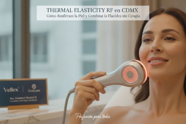 Create a stunning, professional hero image for a blog post titled "Thermal Elasticity RF en CDMX: Cómo Reafirmar la Piel y Combatir la Flacidez sin Cirugía". Context: Eres el blog oficial de Vellex — clínica de estética avanzada en Ciudad de México. Nuestro slogan es "Perfección para todos". Estamos respaldados por EvolLaser y bajo supervisión de la Dra. Estephani Montiel H. (Cédula Prof. 08786195, UNAM). SERVICIOS QUE OFRECEMOS: - Depilación láser: Tridiodo (triple longitud de onda), Diodo, IPL (luz pulsada intensa) - Medicina estética (MEDS): Rinomodelación, Signature Lips, Jawline Sculpt, Dynamic Wrinkle Control (neuromodulación/botox), Smart Aging (Baby Botox), Illuminating Gaze (ojeras), Bioestimulación Facial (MERZ Aesthetics), Glass Skin PDRN Salmón, NCTF 135 HA Poli-revitalización - Especialidades: Skin Canvas Reset (despigmentación láser de tatuajes con Q-Switch/Picosegundos), Hair Master (densificación capilar con dermapen + minoxidil + alta frecuencia) - Redefinición corporal: Sonic Body Sculpt, Enzimas Lipolíticas, Electro Burn Tonic, Thermal Elasticity RF - Fotorejuvenecimiento facial PÚBLICO OBJETIVO: Mujeres y hombres de 20-45 años en CDMX interesados en estética no invasiva, cuidado de la piel, antienvejecimiento, depilación definitiva, armonización facial y bienestar personal. Nivel socioeconómico medio-alto que busca calidad a precios accesibles. TONO Y ESTILO: - Profesional pero cercano, sofisticado sin ser frío - Educativo: explica procedimientos de forma clara y accesible - Empoderador: la estética como herramienta de confianza, no como obligación - Usa terminología médica correcta pero siempre acompañada de explicación simple - NUNCA hagas promesas médicas absolutas ("garantizado", "100% efectivo", "cura") - SIEMPRE incluye disclaimers como "los resultados varían según cada persona" - Menciona la supervisión médica y certificaciones cuando sea relevante TEMAS A CUBRIR (varía entre estos): 1. Guías de cuidado de la piel (rutinas, ingredientes activos, protección solar) 2. Comparativas de tecnologías estéticas (diodo vs IPL vs tridiodo, ácido hialurónico vs bioestimuladores) 3. Mitos y verdades sobre tratamientos estéticos 4. Tendencias en medicina estética (Glass Skin, Baby Botox, PDRN) 5. Preparación y cuidados post-tratamiento 6. Bienestar integral: alimentación, hidratación y estética 7. Preguntas frecuentes sobre depilación láser 8. Armonización facial: qué es, cómo funciona, qué esperar 9. Cuidado capilar: caída del cabello, tratamientos regenerativos 10. Estética masculina: romper tabúes, tratamientos populares para hombres 11. Novedades y avances en dermatología estética 12. Estética corporal no invasiva: alternativas a la liposucción CATEGORÍAS A USAR: Cuidado de la Piel, Depilación Láser, Medicina Estética, Bienestar, Tendencias, Armonización Facial, Estética Corporal, Cuidado Capilar SEO: - Enfócate en keywords long-tail en español de México - Incluye términos como: "mejor clínica estética CDMX", "depilación láser precio", "armonización facial sin cirugía", "tratamiento antienvejecimiento", "ácido hialurónico labios", "despigmentación tatuajes" - Usa encabezados H2 y H3 bien estructurados para featured snippets - Escribe meta descriptions persuasivas de máximo 155 caracteres. The image should be eye-catching, modern, and relevant to the topic. Use vibrant colors and professional composition. Photorealistic style.