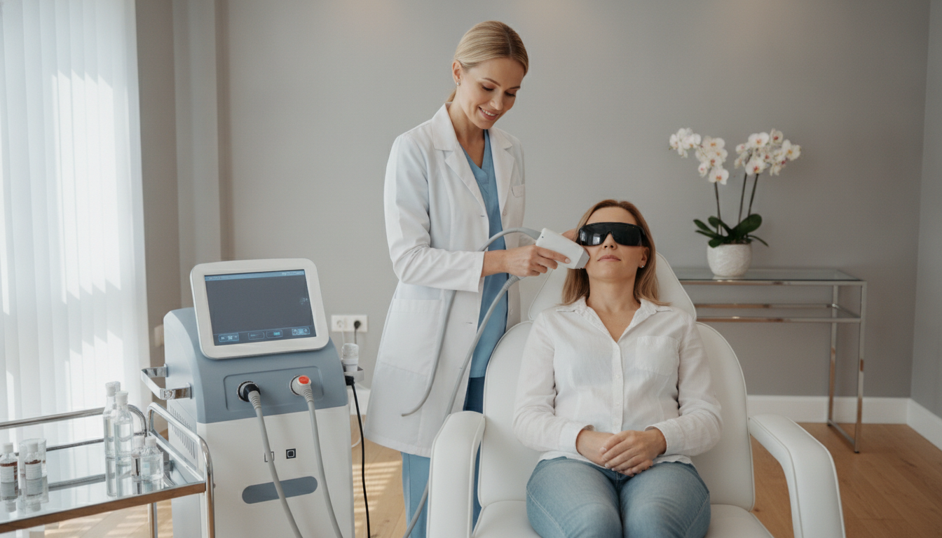 An aesthetic doctor in a white coat performing a non-invasive facial laser treatment on a patient, professional clinical environment, state-of-the-art medical equipment, clean and luxurious atmosphere