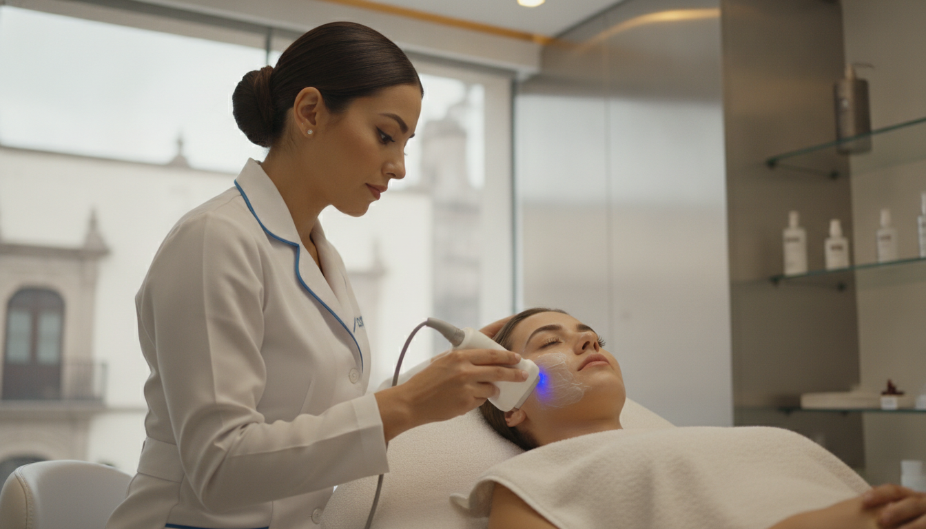 A medical-aesthetic professional in a clean, modern clinic setting in CDMX applying a nourishing facial treatment with a specialized device on a relaxed patient, soft lighting, professional and sophisticated atmosphere.