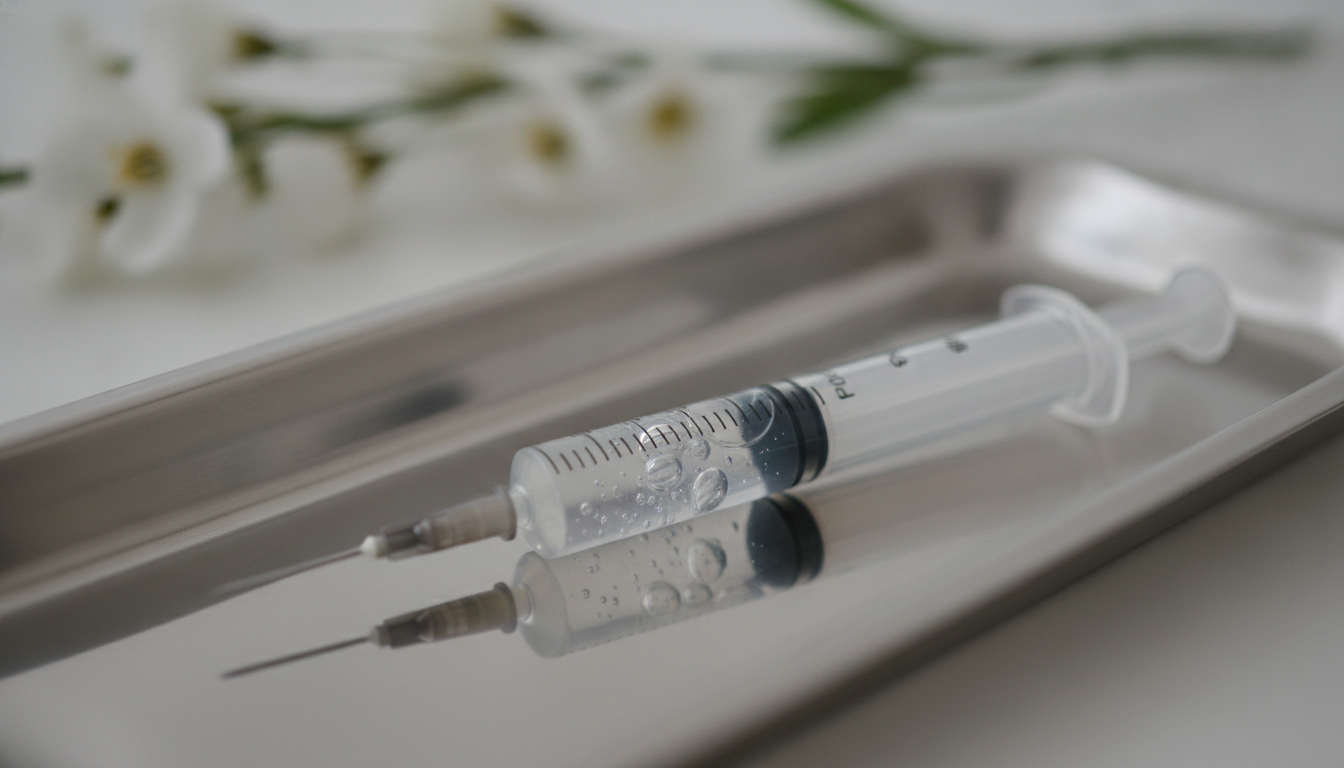 Macro close-up of a premium glass syringe containing clear hyaluronic acid gel on a sterile medical tray with delicate white flowers in the background, soft focus, high-end skincare clinical aesthetic.