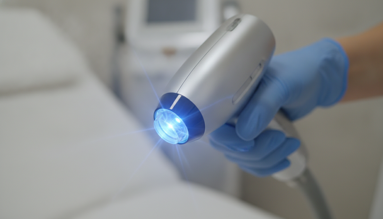 Close-up of a professional therapist's hand in a medical glove holding a laser hair removal handpiece with a glowing blue sapphire cooling tip, symbolizing safety and advanced technology.