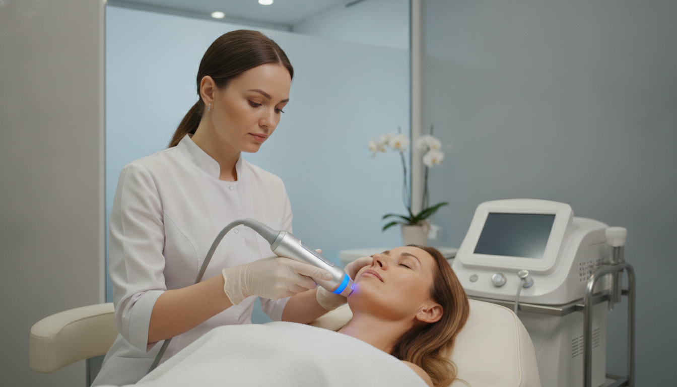 A professional aesthetic doctor performing a non-invasive skin tightening treatment on a patient's neck and jawline, modern clinic interior, high-tech beauty equipment, warm and clinical atmosphere