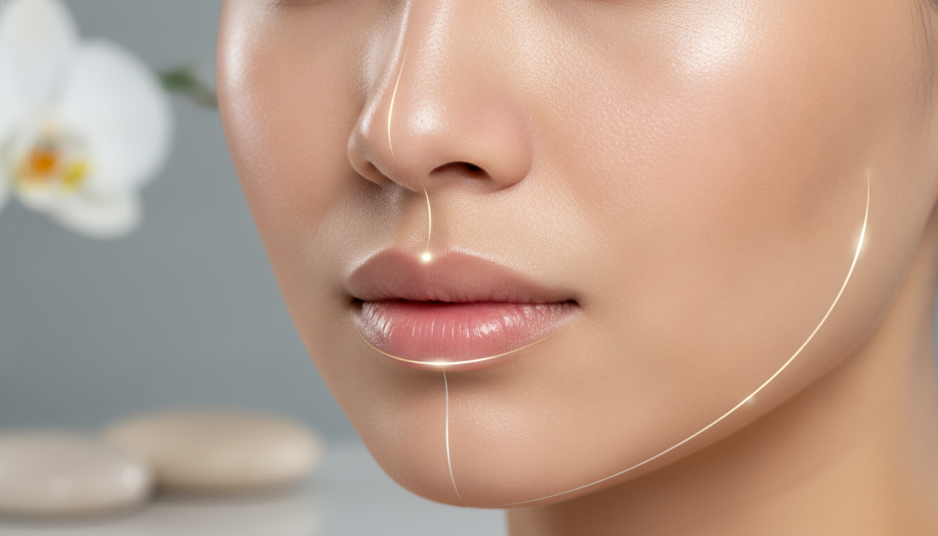 Close-up of a beautiful woman's face with glowing, hydrated skin. Graphical overlay showing subtle, elegant highlights on the forehead, lips, and jawline, representing the balance between Botox and Hyaluronic Acid. Minimalist, clean, luxury spa aesthetic.