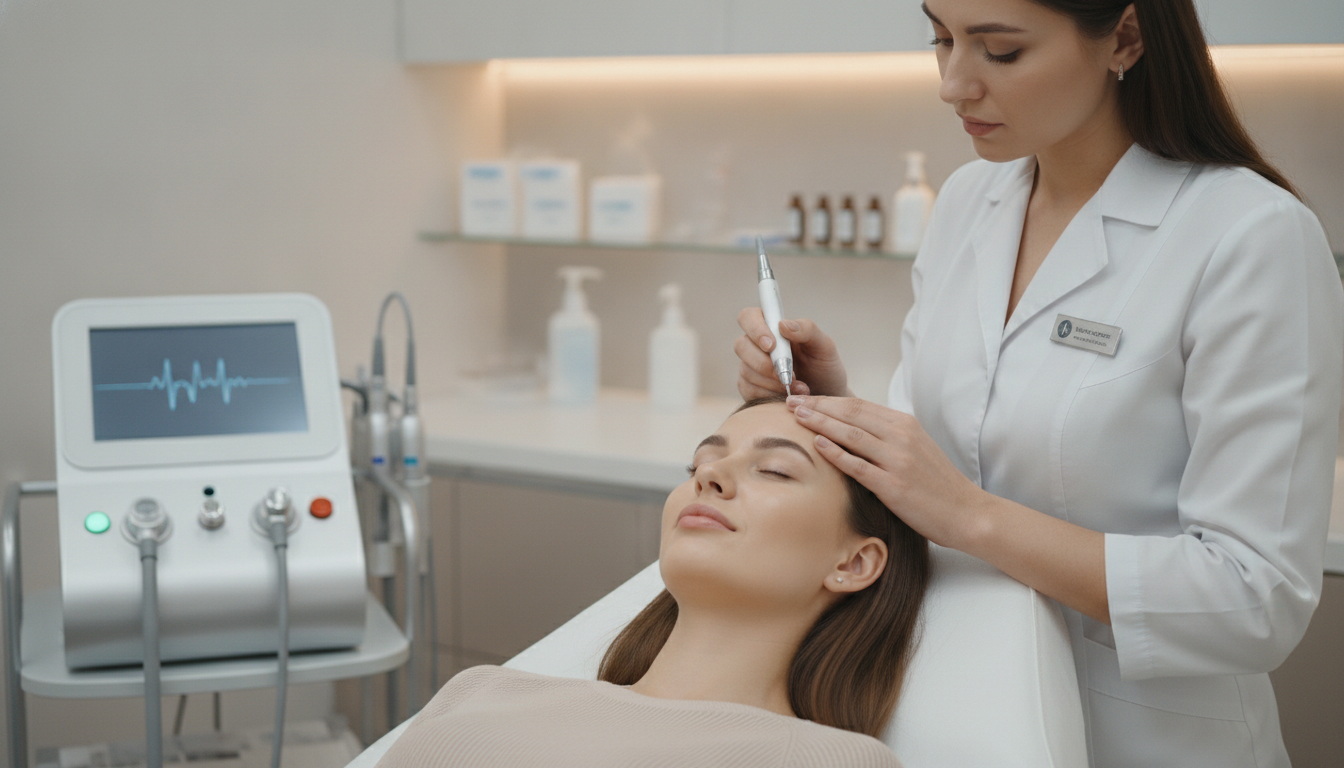 A professional female doctor in a white coat performing a subtle aesthetic treatment on a young patient's forehead, soft focus, clinical but warm environment, high-end medical equipment visible in background
