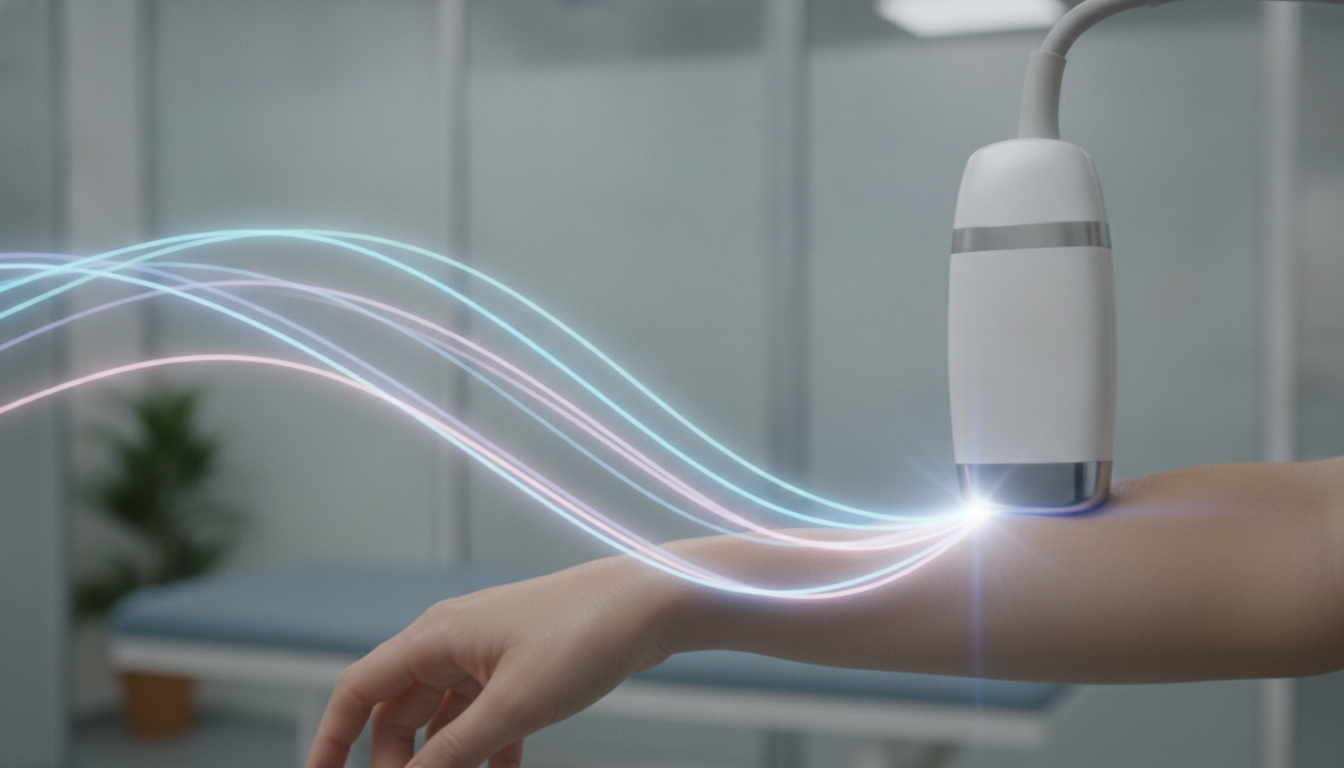 A close-up of a modern aesthetic ultrasound device being gently applied to a clean skin surface, with subtle abstract light waves showing target technology, clinical setting, soft pastel tones.
