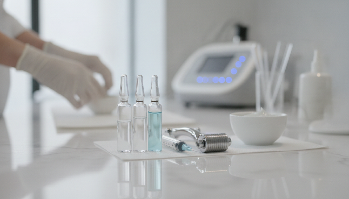 Close-up of a premium cosmetic facial treatment being prepared in a clean, elegant medical clinic, aesthetic vials and professional equipment