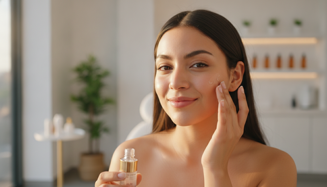 A beautiful young Mexican woman with glowing, healthy skin smiling gently, applying a facial serum, warm morning light, professional medical spa setting in the background.