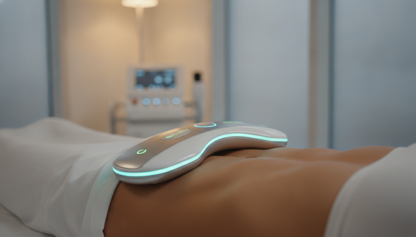 Close-up of a high-tech electromagnetic stimulation paddle placed on a person's toned abdomen, subtle glowing light indicators on the device, professional aesthetic clinic setting, soft lighting