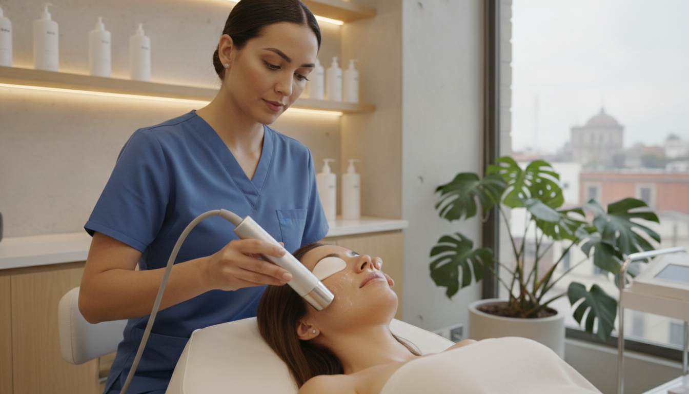 A professional medical aesthetician performing a facial treatment on a patient using a modern device in a clean, minimalist clinic in Mexico City, high-end medical spa atmosphere