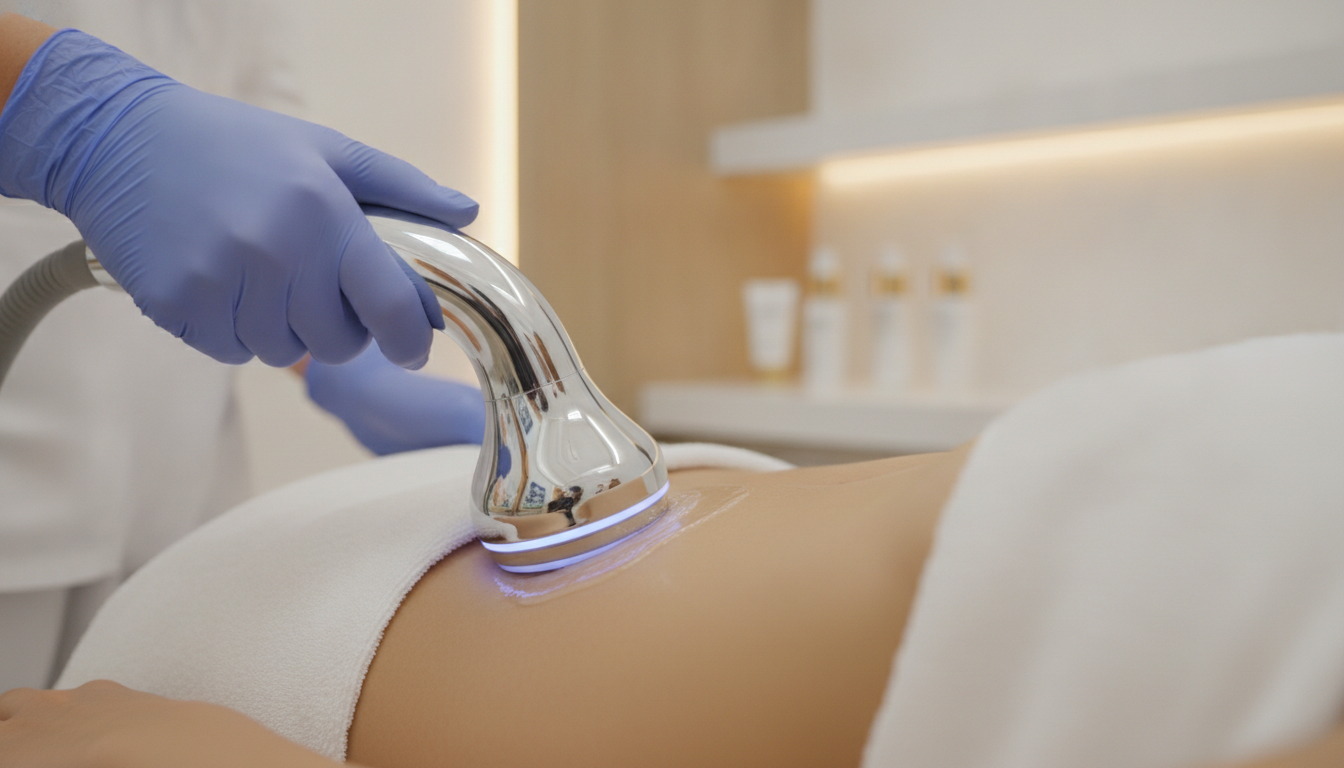 A close-up of a professional aesthetic treatment being performed on a woman's abdomen with a modern radiofrequency device, clean and clinical environment, warm lighting, high-end aesthetic clinic in Mexico City.