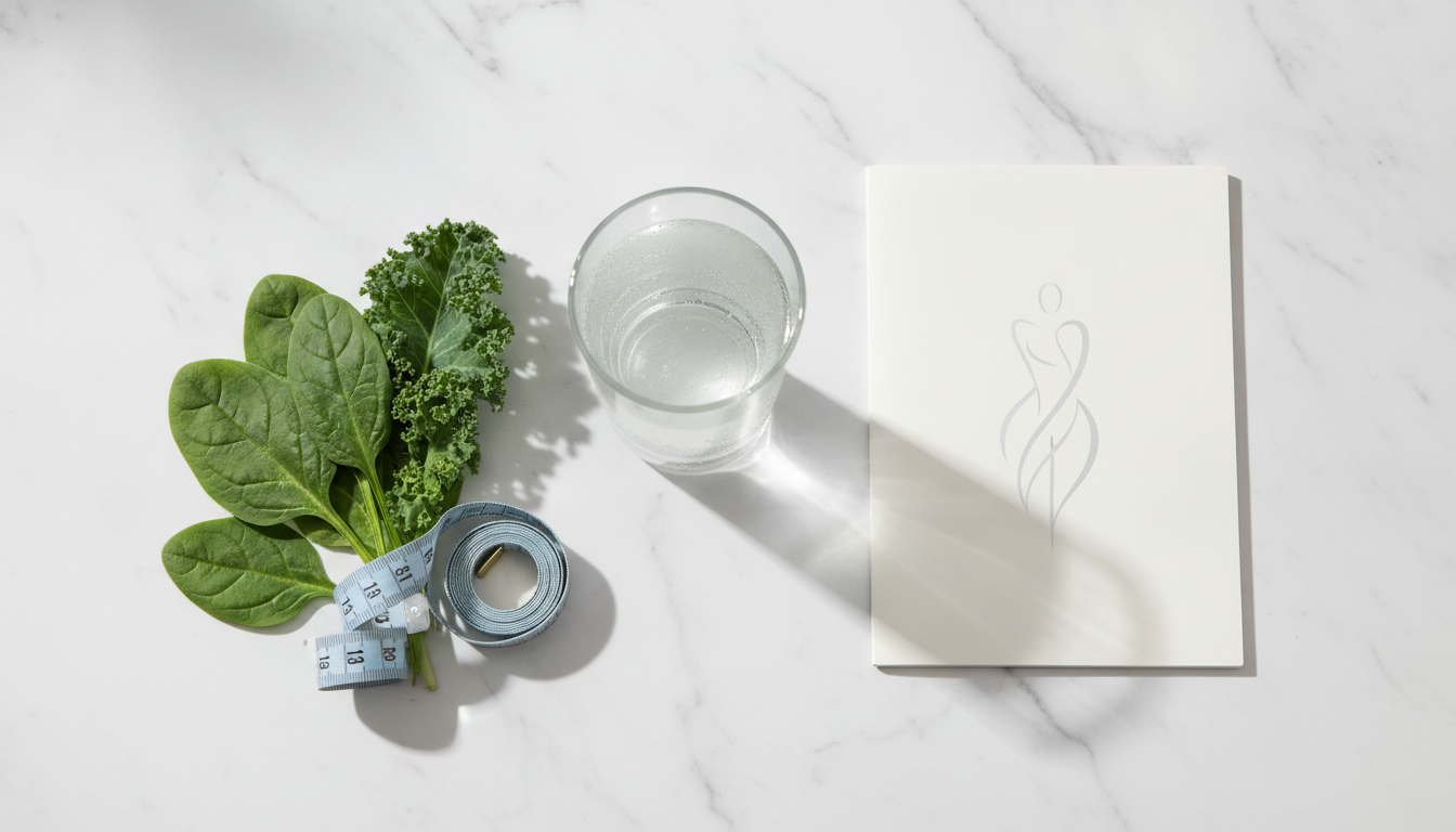 An elegant flat-lay representing healthy lifestyle and body contouring, featuring a glass of water, fresh green leaves, a soft measuring tape, and a minimalist clinic brochure on a clean white marble background.