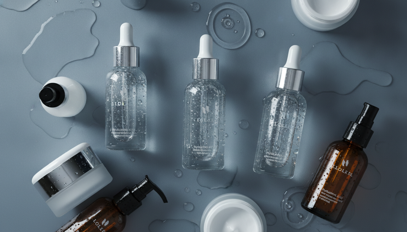 A flat lay of luxury skincare products, including hyaluronic acid serums and clinical bottles, surrounded by fresh water droplets, representing hydration and skin texture refinement