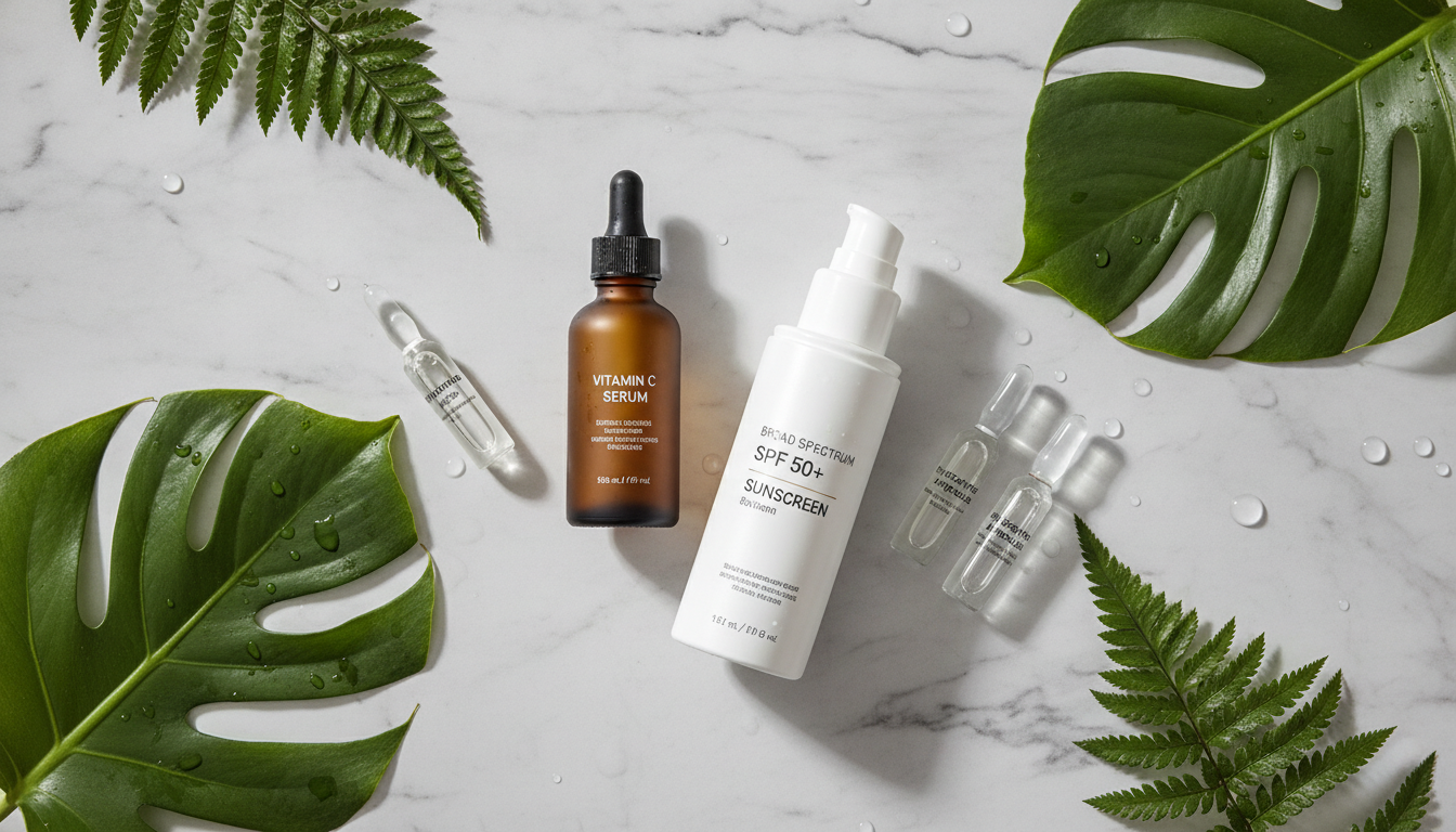 A flat lay of premium skincare products like vitamin C serum, sunscreen, and hydrating ampoules next to fresh green leaves and water droplets on a clean marble surface, representing an anti-pollution skincare routine.